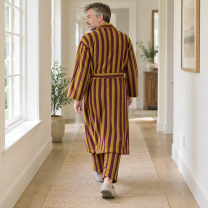 Back view of a man walking down a hallway in a long mustard and burgundy striped fleece bathrobe and matching pants