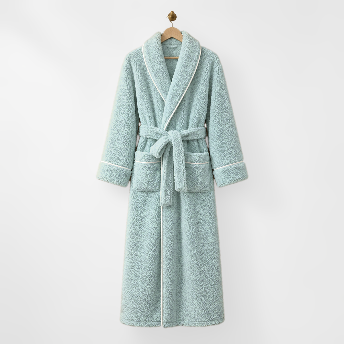 Long mint fleece bathrobe with white piping, hanging on a wooden hanger from a brass hook on a light grey wall