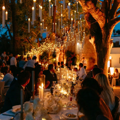 Floating LED candles hanging from trees over a wedding dinner at dusk