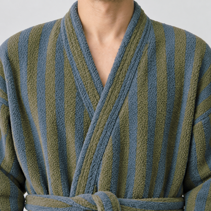 Close-up of the olive and blue bathrobe's kimono collar band, striped along its length, crossing over the vertical stripes