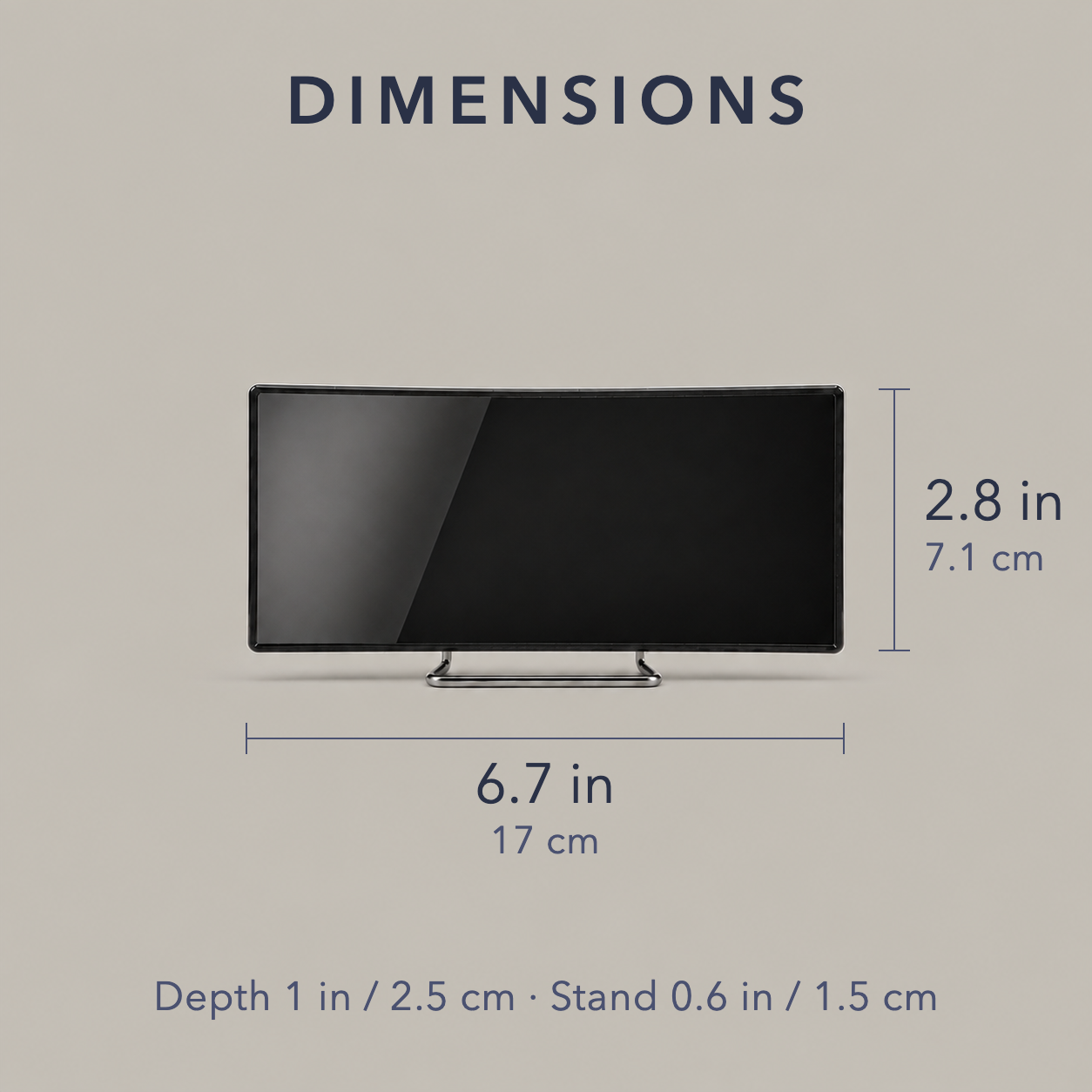 Dimensions: 6.7 x 2.8 in, 1 in deep, 7 in screen