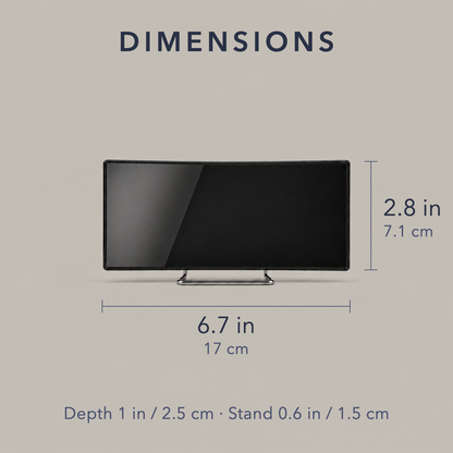 Dimensions: 6.7 x 2.8 in, 1 in deep, 7 in screen
