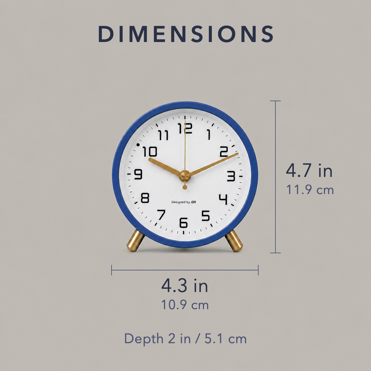 Dimension diagram: 4.3 inches or 10.9 cm across, 4.7 inches or 11.9 cm tall on its feet, 2 inches deep