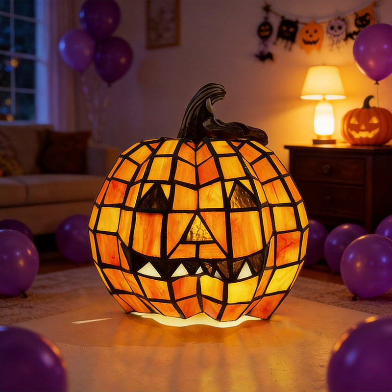 Mosaic jack-o'-lantern lamp glowing on the floor of a living room decorated with purple balloons for a Halloween party