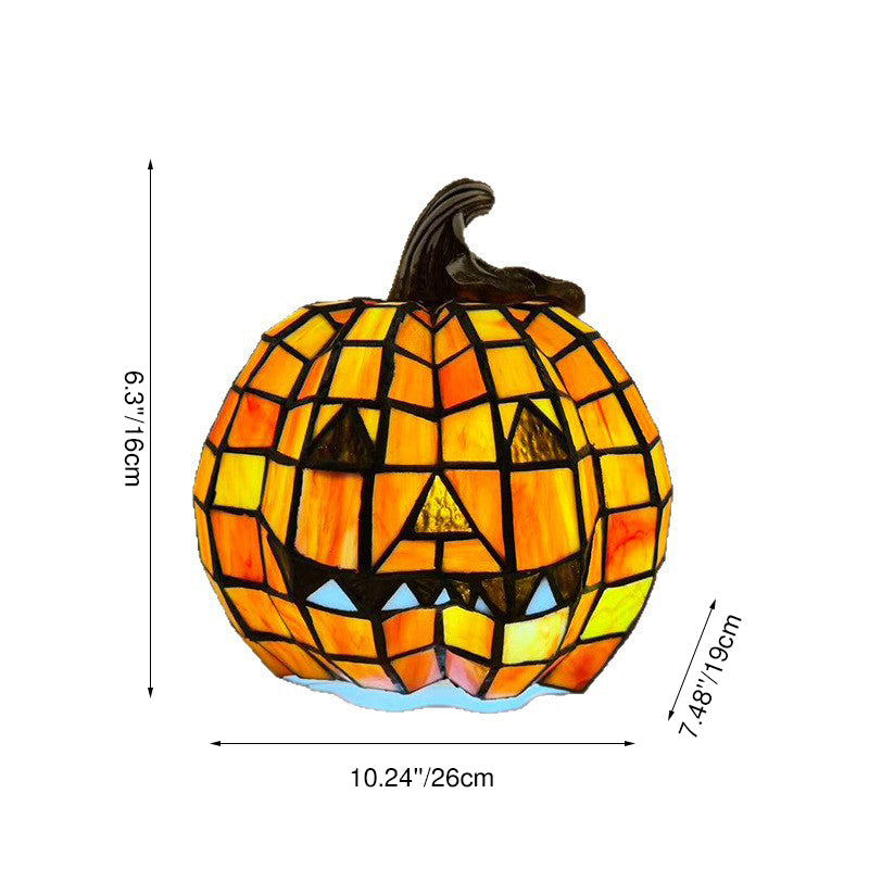 Mosaic pumpkin table lamp on white with height, width and depth measurement lines