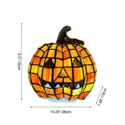 Mosaic pumpkin table lamp on white with height, width and depth measurement lines
