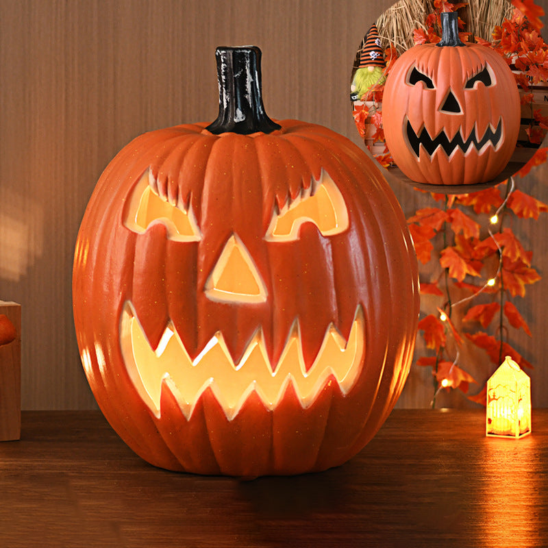 Angry Fangs carved pumpkin lamp lit on a wooden shelf, warm light glowing through its jagged eyes and fanged grin