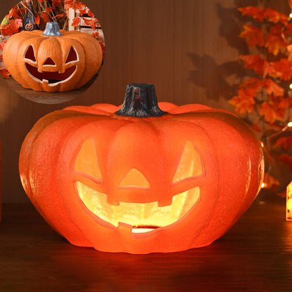 Wide Smile carved pumpkin lamp, low and wide with a textured skin, glowing through triangle eyes and a broad smile