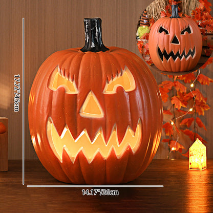Angry Fangs carved pumpkin lamp dimensions: 14.17 in (36 cm) wide and 17.72 in (45 cm) tall