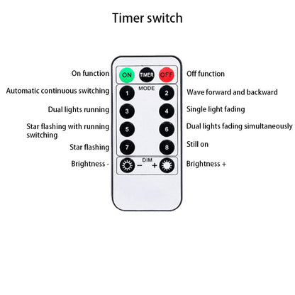 Remote control diagram for the jack-o'-lantern string lights: on, off, timer, eight light modes and brightness up and down