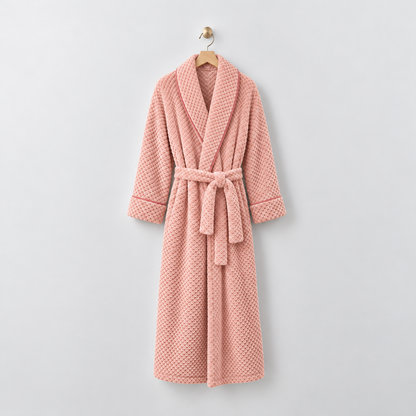 Long pink waffle-textured fleece bathrobe with a shawl collar and tied belt, hanging on a wooden hanger from a brass hook on a light gray wall