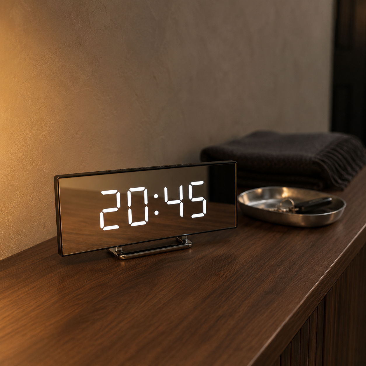 Alarm clock with white display on a hallway console at dusk
