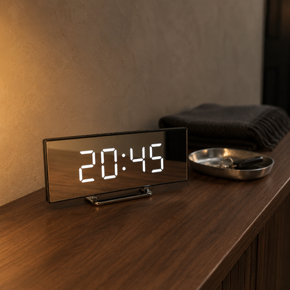 Alarm clock with white display on a hallway console at dusk