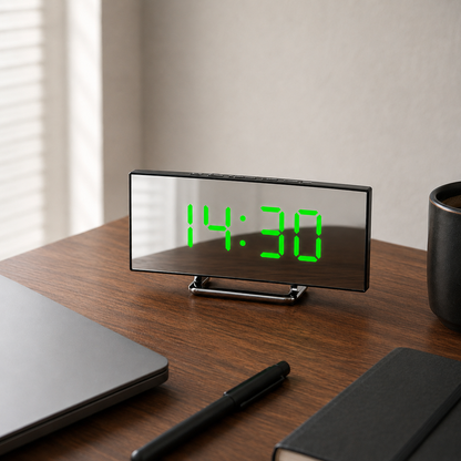 Alarm clock with green display on a desk in daylight
