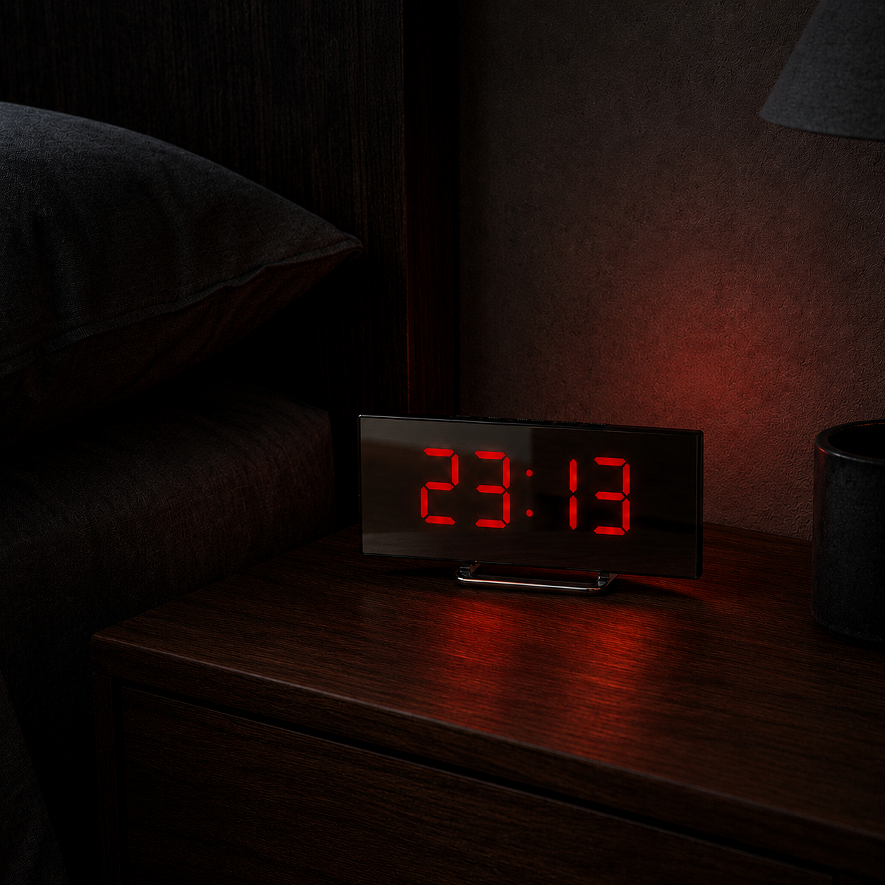 Alarm clock with red display on a nightstand at night