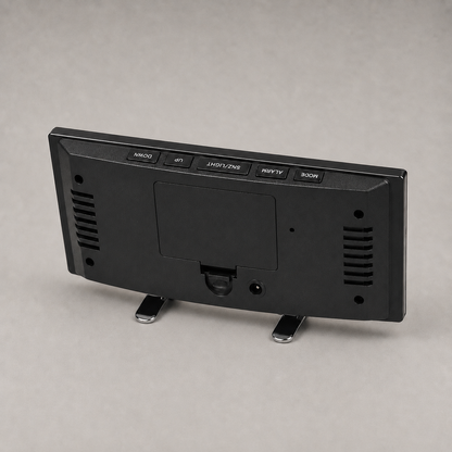 Rear of the clock showing the controls, battery hatch and USB port