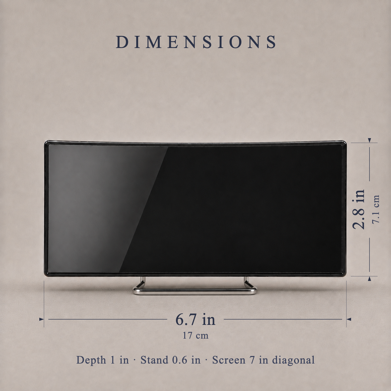 Dimensions: 6.7 x 2.8 in, 1 in deep, 7 in screen