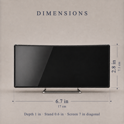 Dimensions: 6.7 x 2.8 in, 1 in deep, 7 in screen
