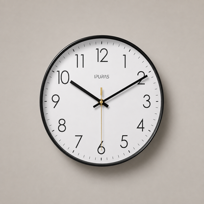 Black wall clock with a white dial and thin black Arabic numerals, on a warm grey studio background