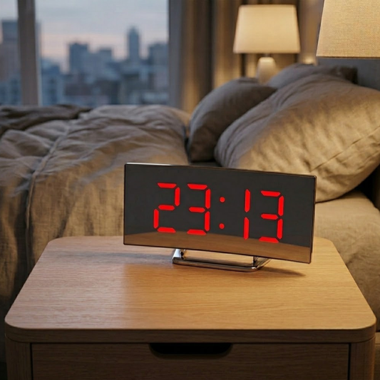 Curved LED alarm clock with red display on a bedside table