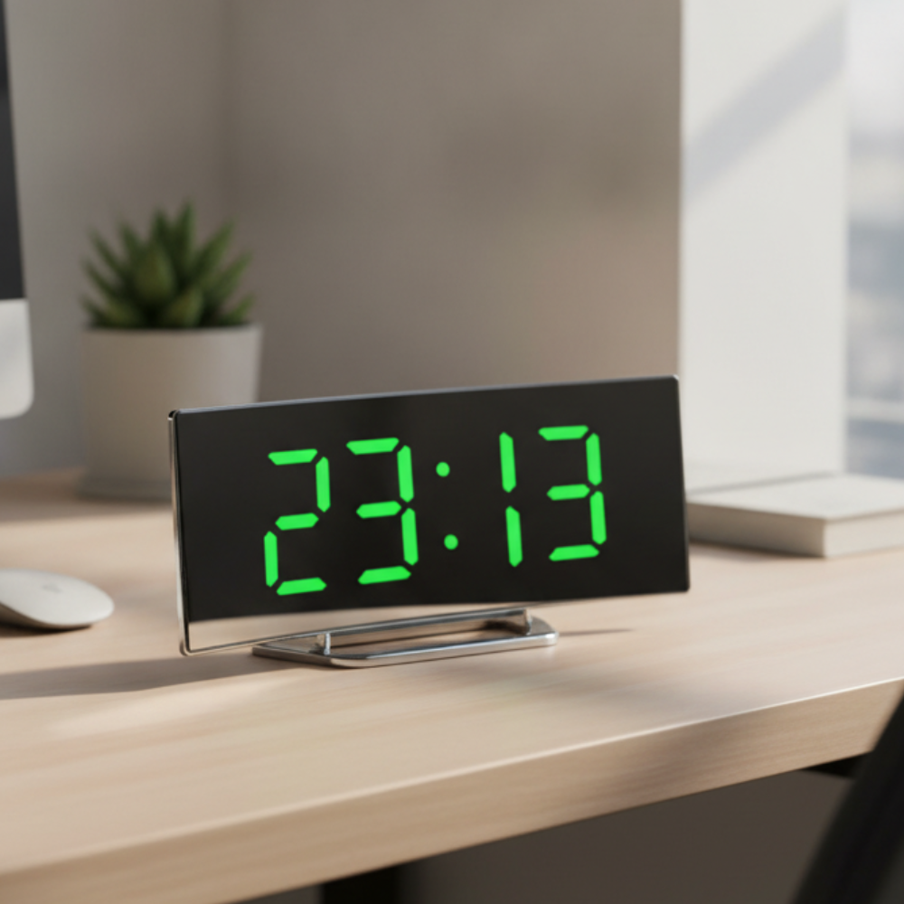 Curved LED alarm clock with green display on a desk