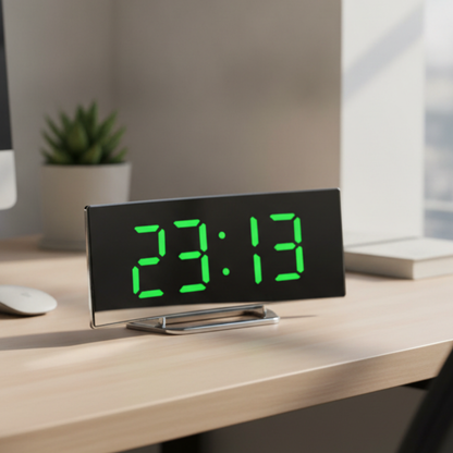 Curved LED alarm clock with green display on a desk