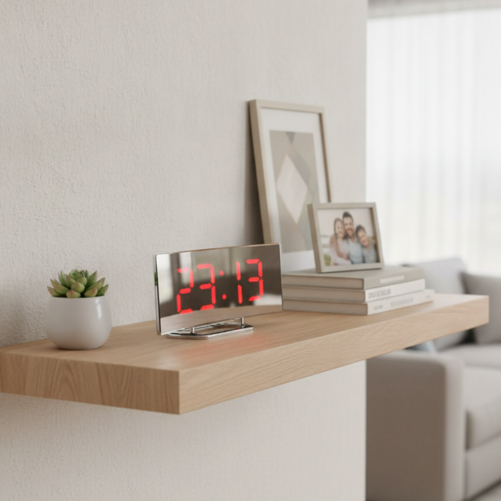 Alarm clock with red display on a wall shelf