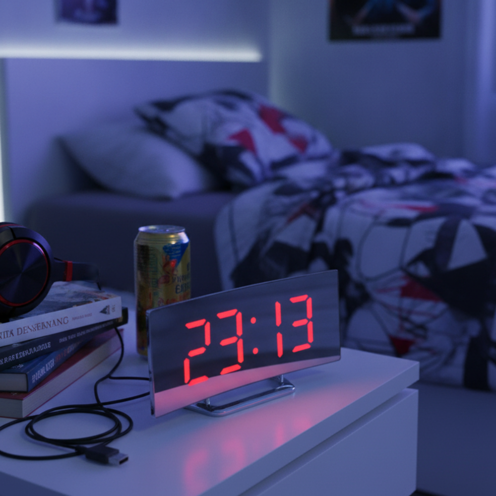 Alarm clock with red display on a nightstand at night