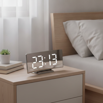 Alarm clock with white display on a nightstand