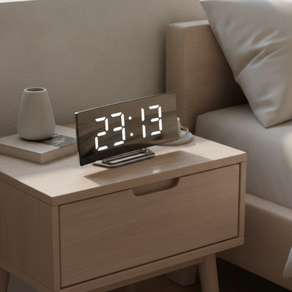 Alarm clock with white display beside the bed