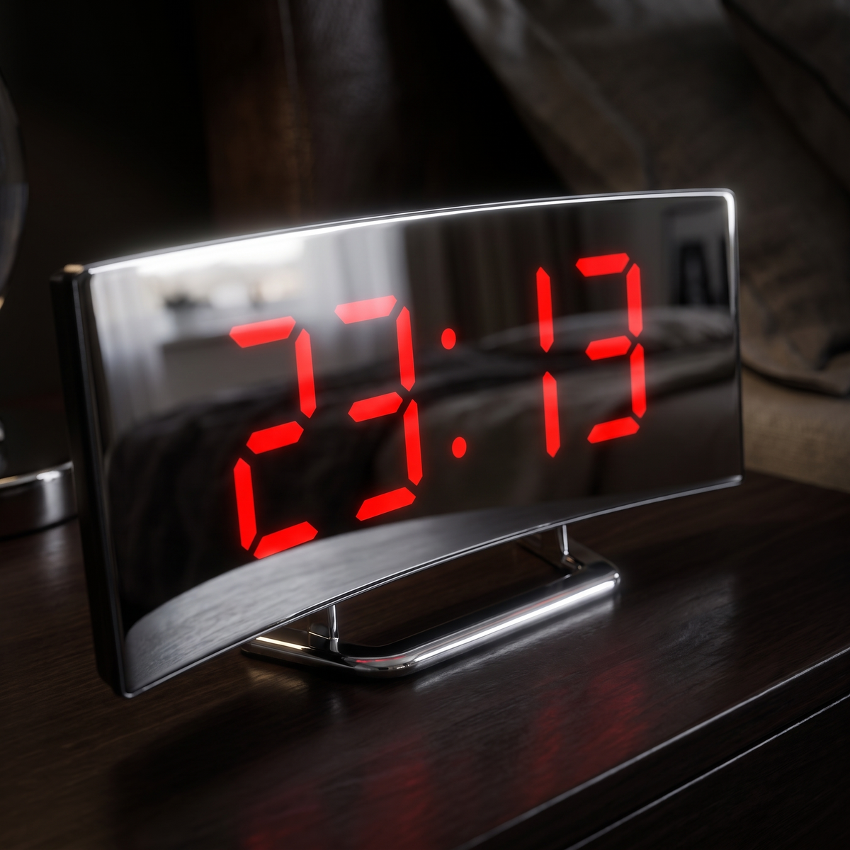 Close-up of the curved red LED display