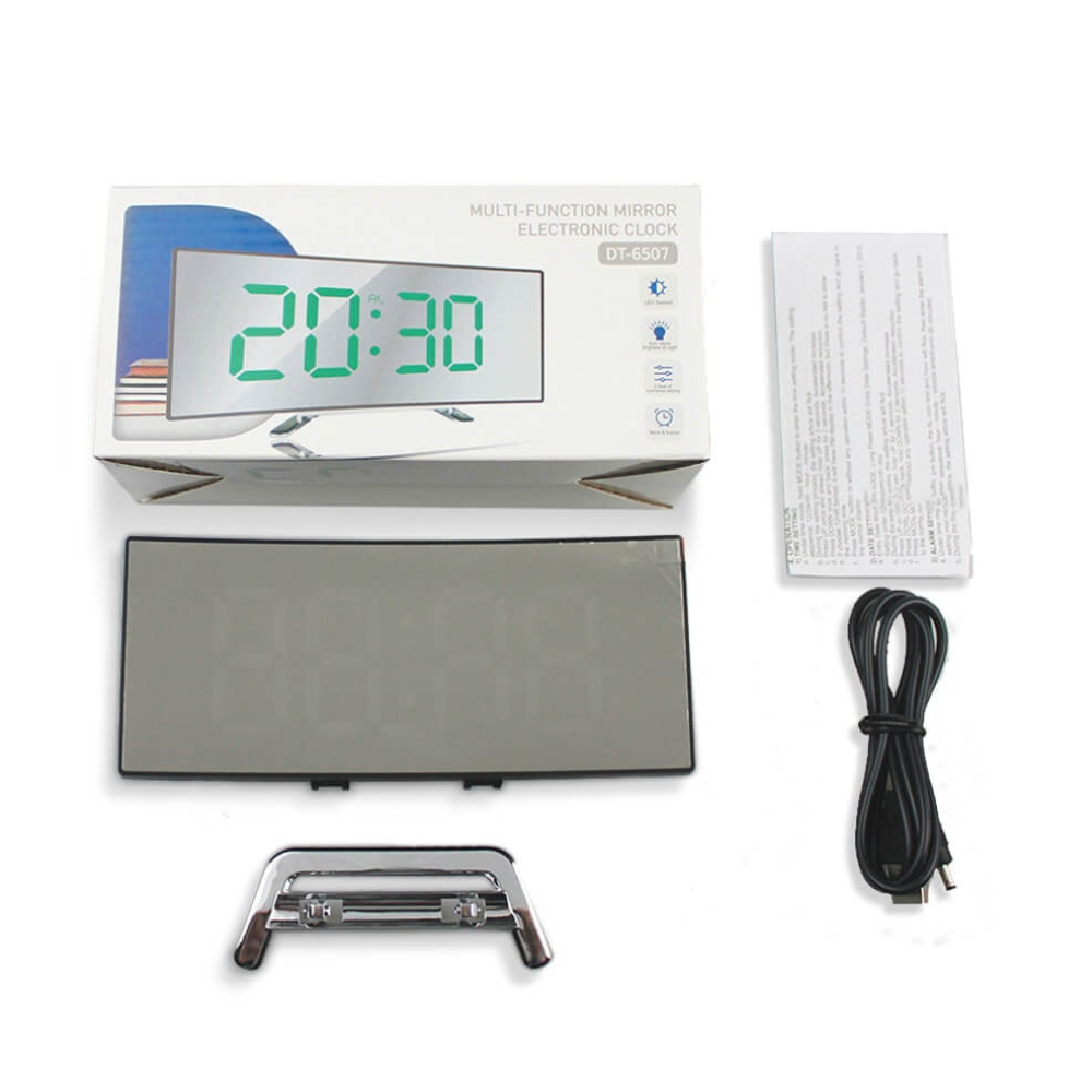 The clock, its stand and USB cable with the retail box
