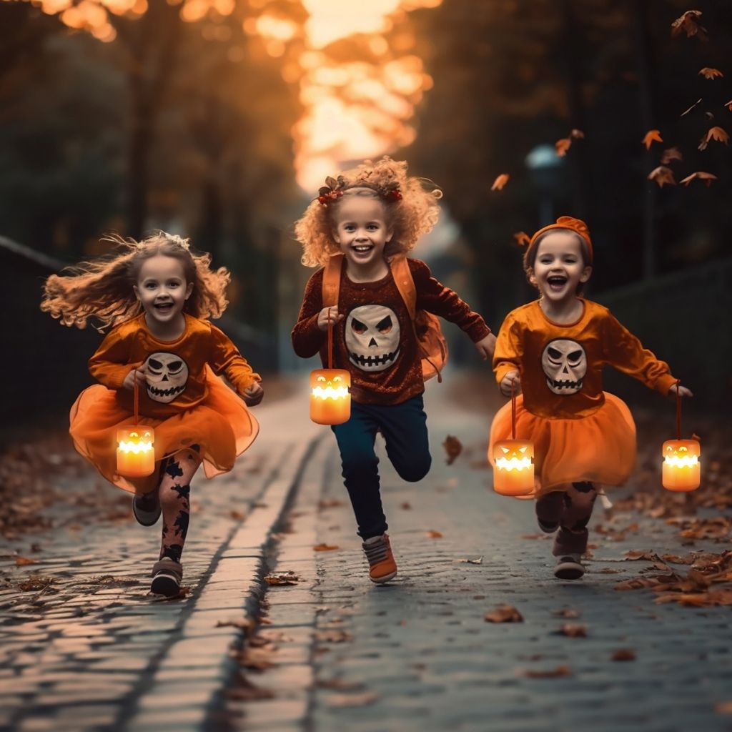 Three children running with lit pumpkin lanterns carried on their cords, on a leaf-strewn path at dusk