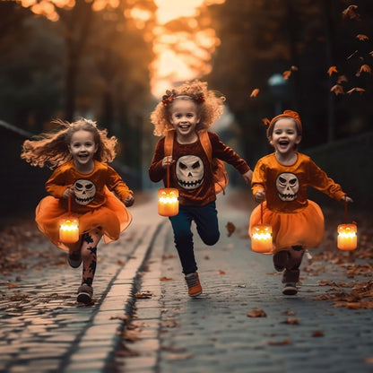 Three children running with lit pumpkin lanterns carried on their cords, on a leaf-strewn path at dusk