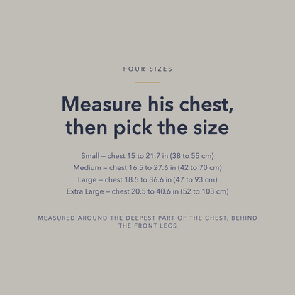 Text image: four sizes from small to extra large, listed by the chest girth each one fits