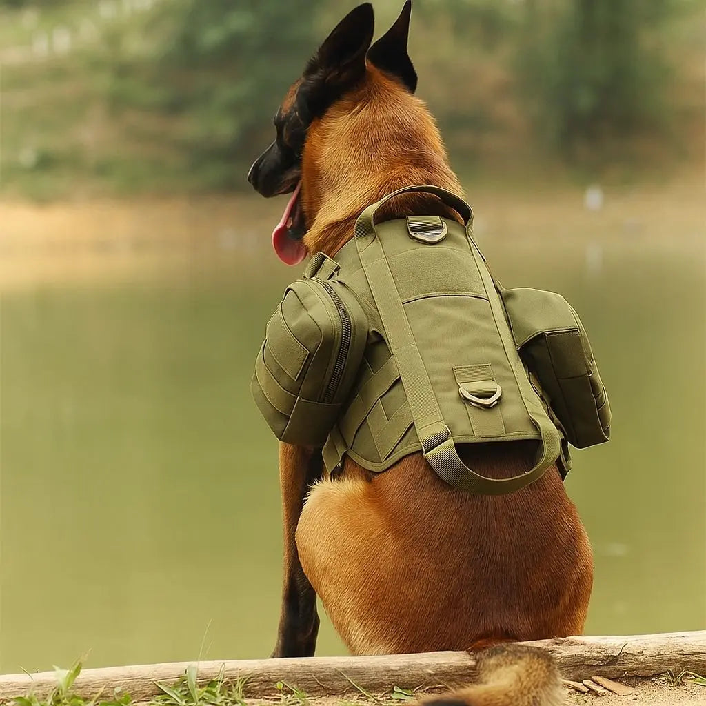 Army green dog harness vest worn by a dog sitting beside water, seen from behind, with a saddle pouch on each side and the zipped box pouch taken off