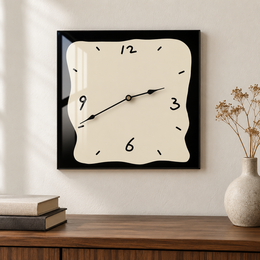Square wall clock with a wavy doodle-style beige face and a black border, hanging above a walnut sideboard in a living room