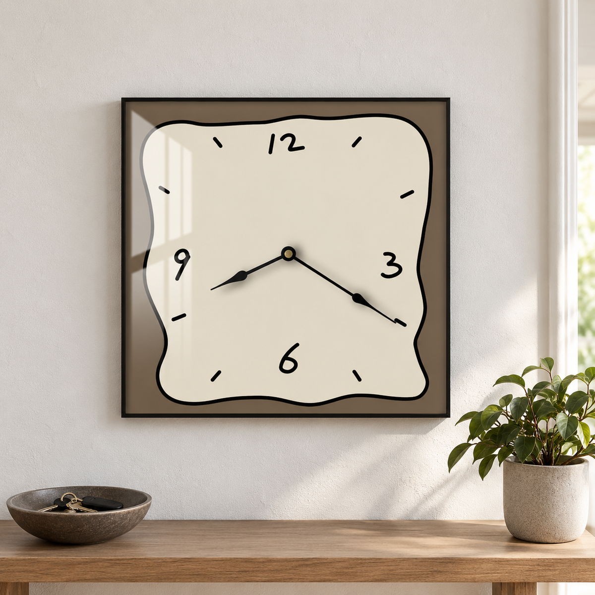 Square wall clock with a beige face and a taupe border, hanging above an oak console table in a hallway