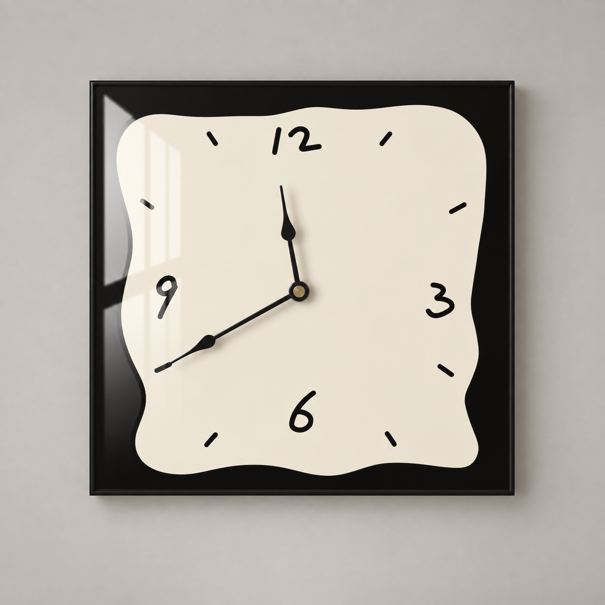 Square wall clock with a beige face and black border, four marker-style numerals and two black hands, on a plain grey background