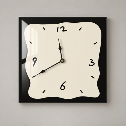 Square wall clock with a beige face and black border, four marker-style numerals and two black hands, on a plain grey background