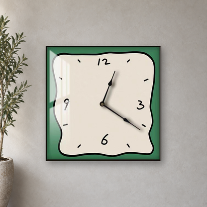 Square wall clock with a wavy doodle-style outline, a beige face and a green border, hanging centred on a limewash wall beside an olive tree