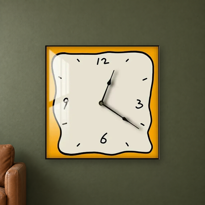Square wall clock with a wavy doodle-style outline, a beige face and an orange border, hanging centred on an olive green wall beside a leather chair