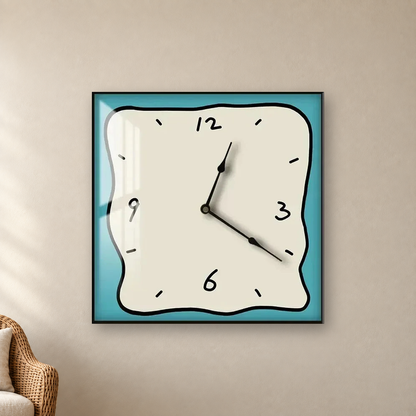 Square wall clock with a wavy doodle-style outline, a beige face and a teal border, hanging centred on a sand-coloured wall beside a rattan chair