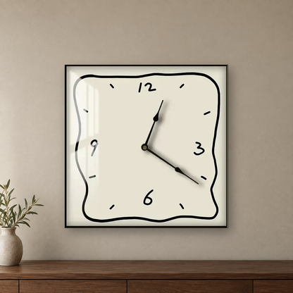 Square wall clock with a wavy doodle-style outline, a beige face and a beige border, hanging centred on a taupe wall above a walnut sideboard