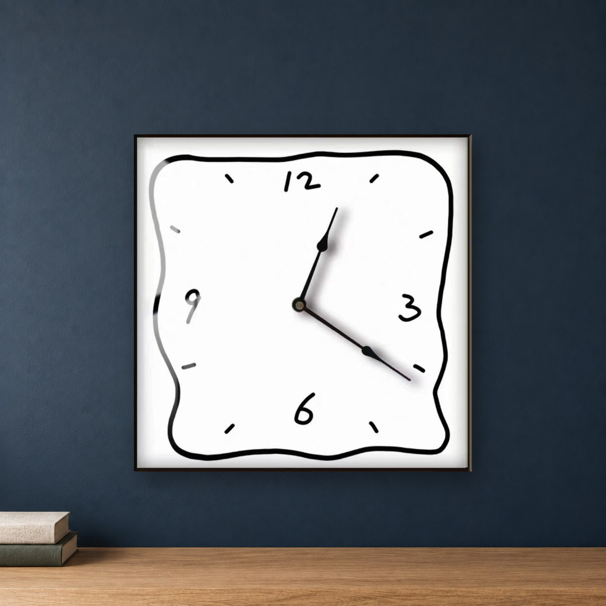 Square wall clock with a wavy doodle-style outline, a white face and a white border, hanging centred on a deep navy wall