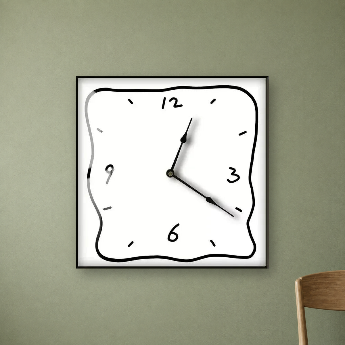 Square wall clock with a wavy doodle-style outline, a white face and a white border, hanging centred on a sage green wall
