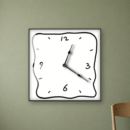Square wall clock with a wavy doodle-style outline, a white face and a white border, hanging centred on a sage green wall