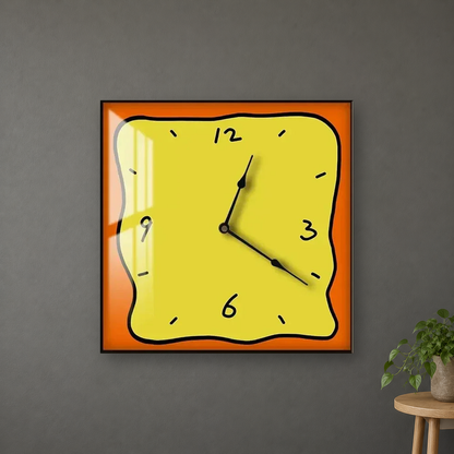 Square wall clock with a wavy doodle-style outline, a yellow face and an orange border, hanging centred on a charcoal wall
