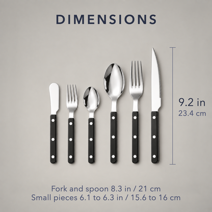 Dimensions of the flatware pieces, knife 9.2 inches long, fork and spoon 8.3 inches, small pieces about 6.2 inches