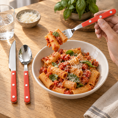 A hand lifting a forkful of pasta from a white bowl with the red handled fork, the red knife and spoon resting on the wooden table beside it